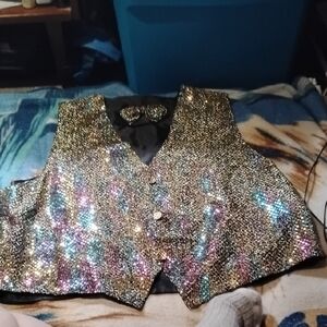 Men's XL/XXL Sequin Shiny Vest With Bowtie Wedding Magic Mike Funky Colorful